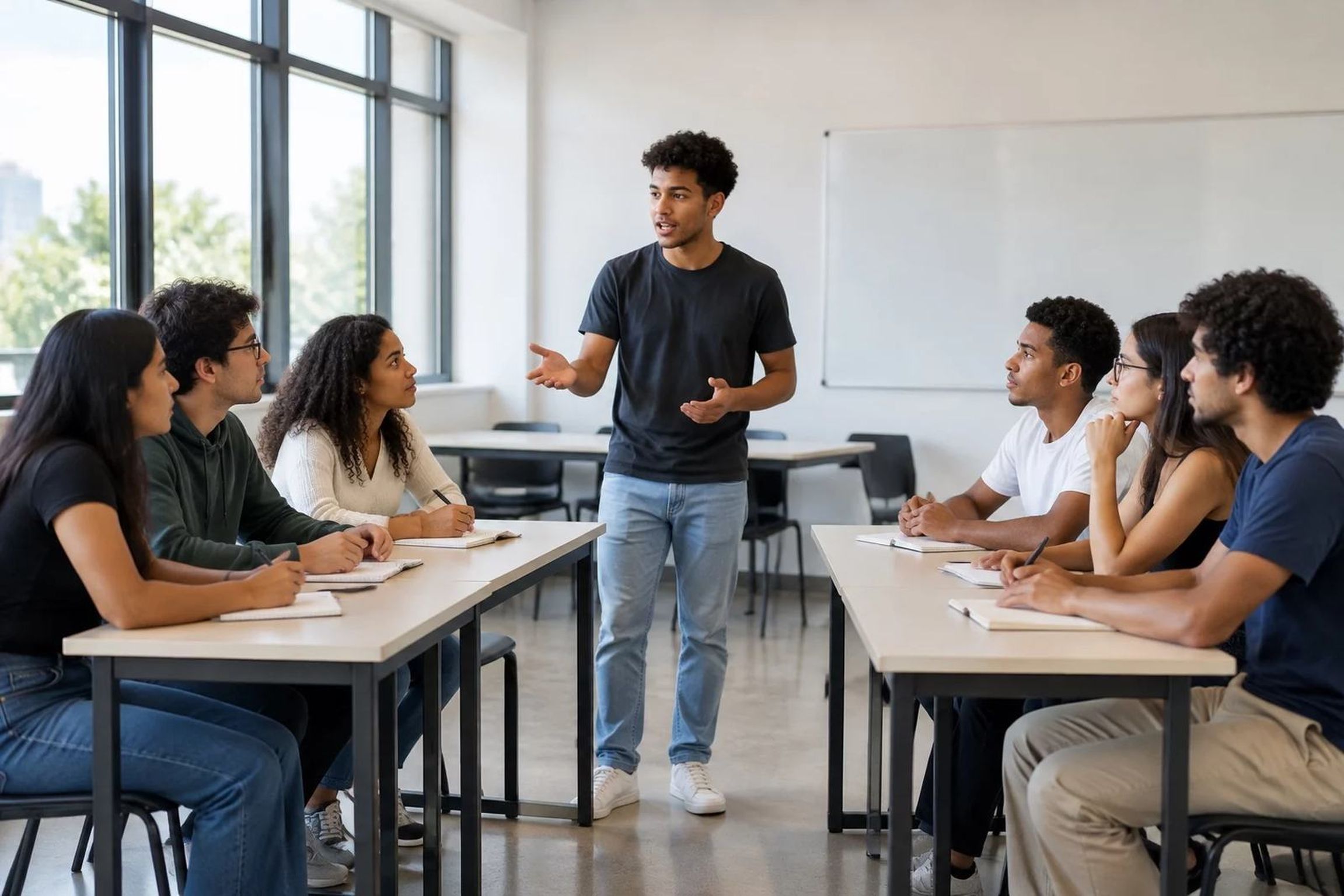 Aluno defendendo a tese diante da turma de debate